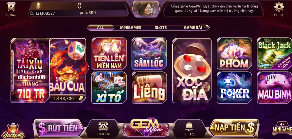 Cổng game Gemwin được thiết kế với giao diện cực kỳ bắt mắt